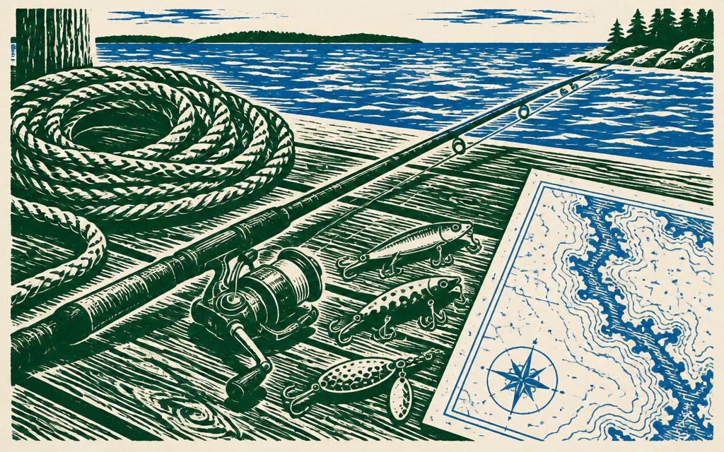 Grabado de cuerda, caña, carrete y carta náutica sobre un muelle